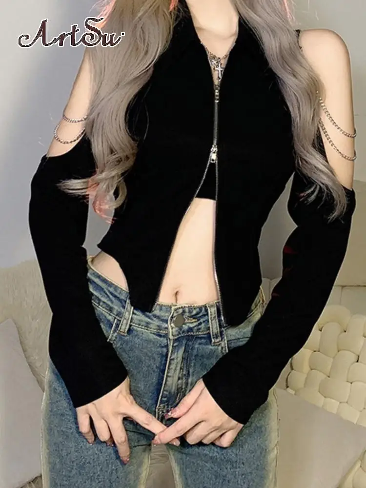 

ArtsuOff Shoulder Chian Gothic Grunge T-shirt Cropped Top Y2k Zip Women T-shirts Sexy Long Sleeve Crop Tops Club Wear