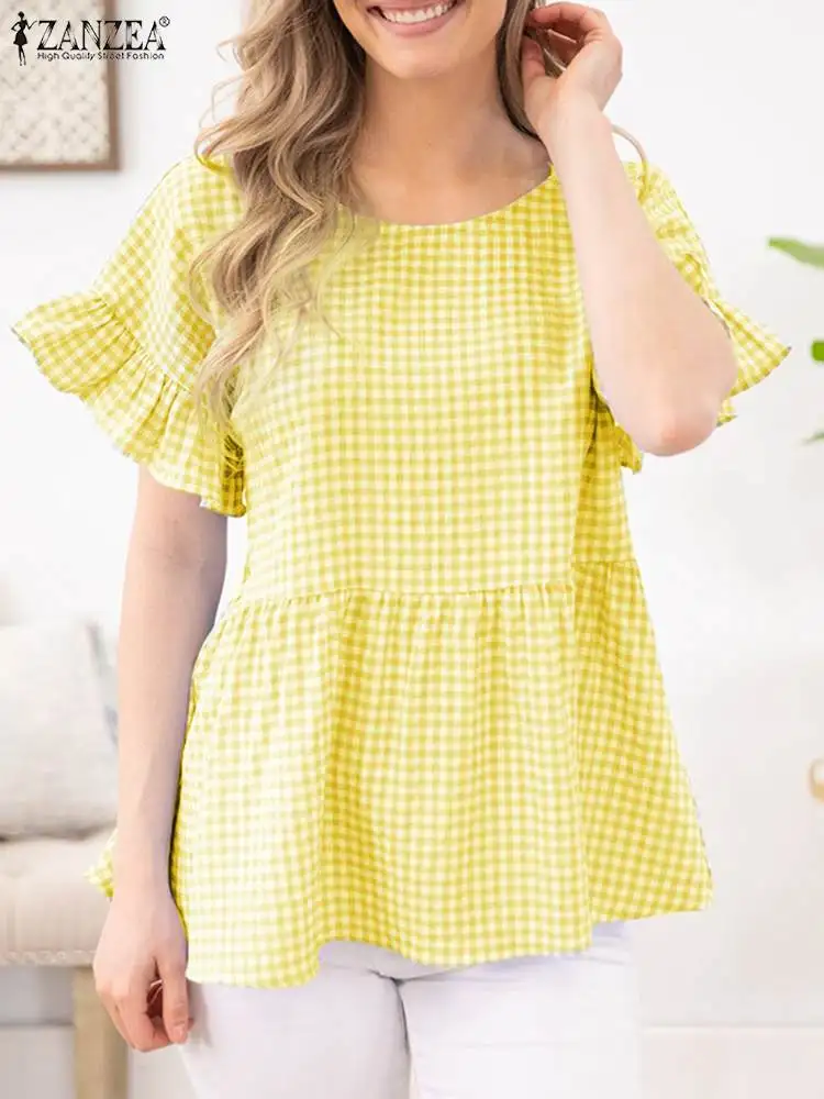 

ZANZEA Summer Plaid Check Women's Blouse O-Neck Short Sleeve Grid Printed Tops Tee Bohemian Elegant Holiday Fashion Loose Shirt