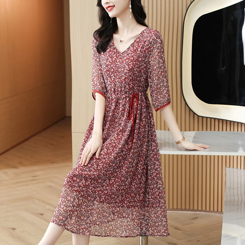 

2023 New Fashion Silk Printed Dress Women's Summer V-neck 5/4 Sleeve Fragmented Loose Fit Casual Holiday Dress Vestidos