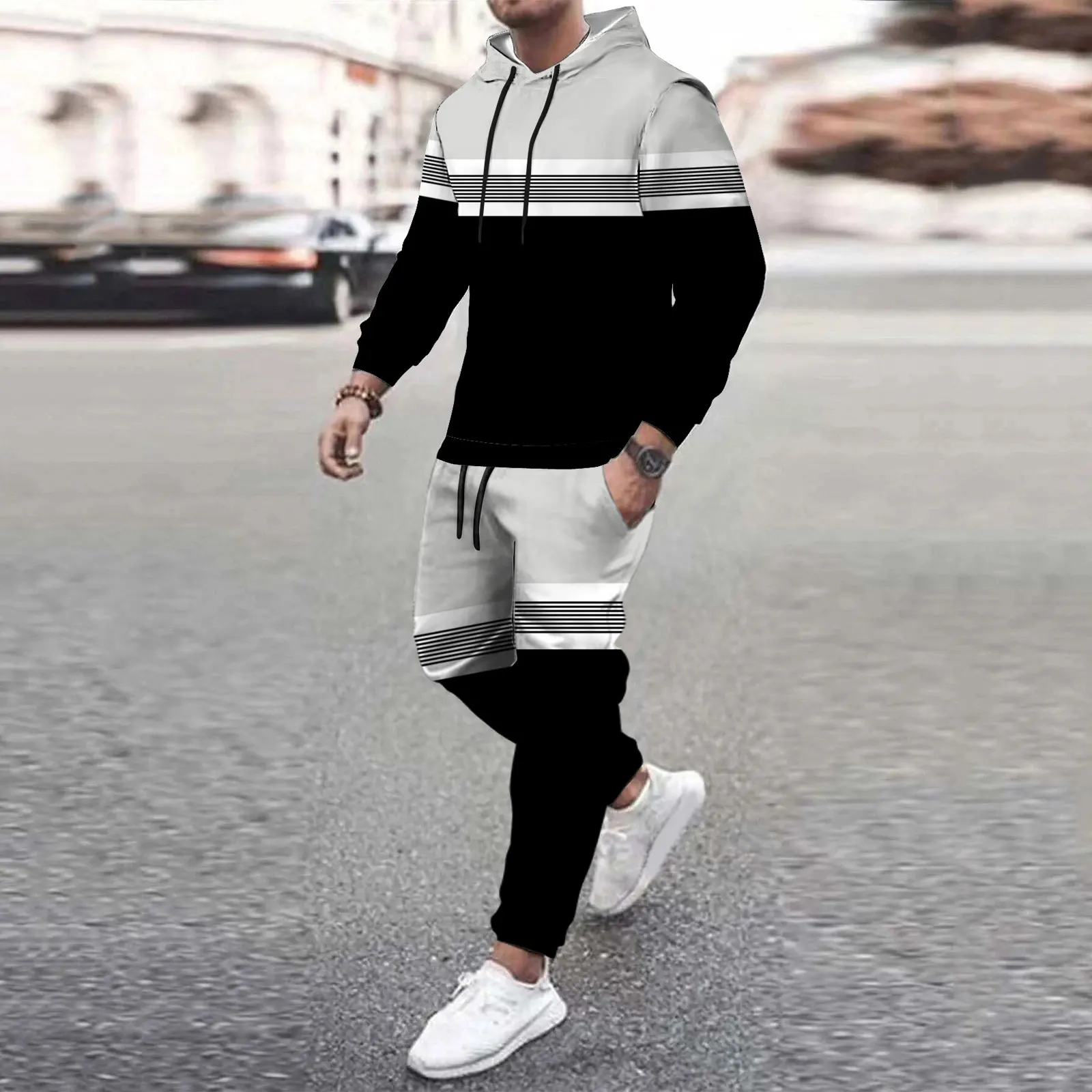Hot Sale Autumn Patchwork Striped Mens New Tracksuit Hoodies and Trousers High Quality Male Dialy Casual Sports Jogging Set