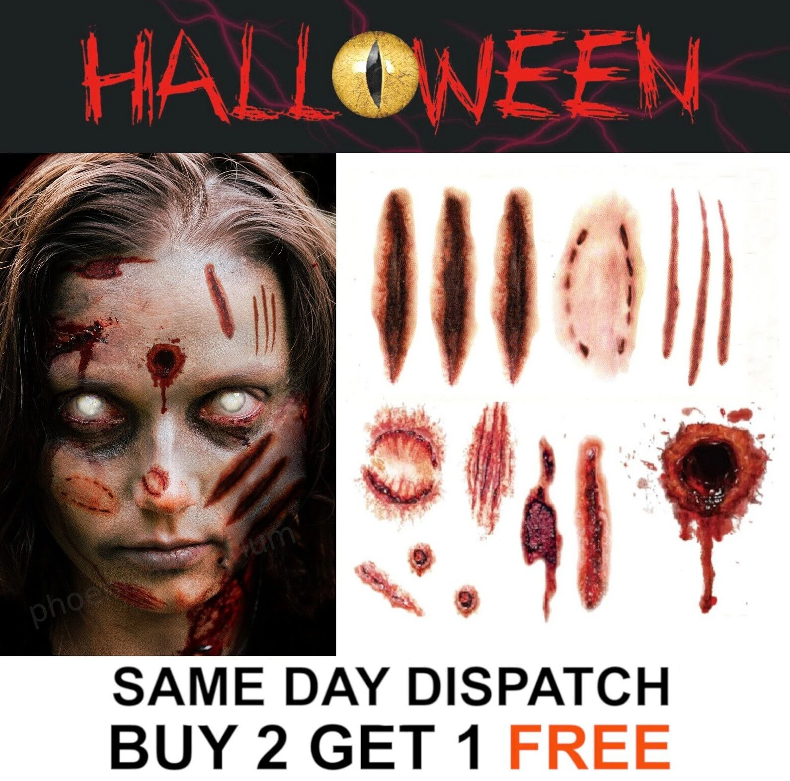 

Halloween Zombie Scars Stitches Temporary Tattoos Bullet Hole Wound Face Make-Up