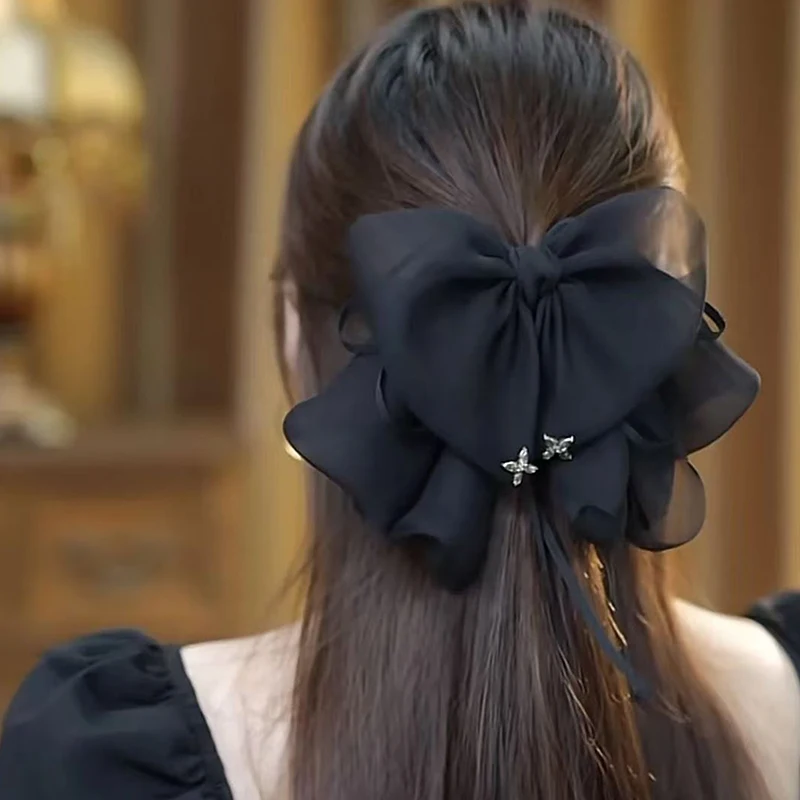 Элегантная кисточка со стразами черный трехслойный бант коготь для волос женщин