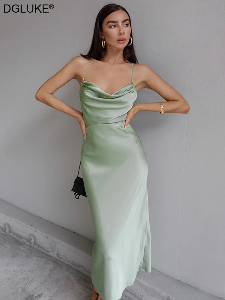 Elegant Backless Satin Midi Dress Sexy Spaghetti Strap Cut Out Summer Dresses For Women 2022 Cowl Neck Party Dress Green Purple