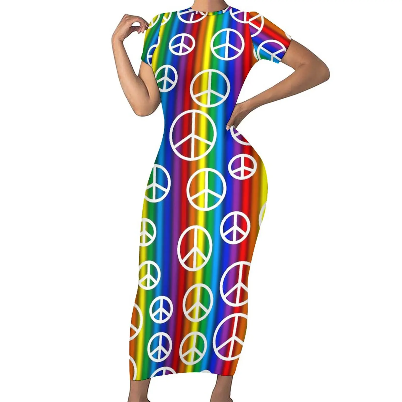 

Peace Signs Dress Short Sleeve Bubbles Print Aesthetic Maxi Dresses Pretty Bodycon Dress Female Custom Oversized Clothing
