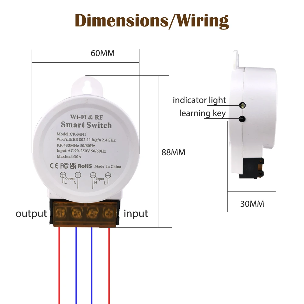 Умный выключатель COLOROK с поддержкой Wi-Fi и RF433, 30 А, 90-250 В (art.: 3920bfb34107e) - 3920bfb34107e
