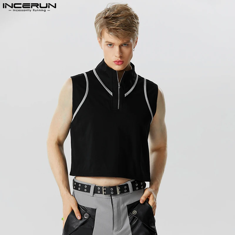 

Handsome Well Fitting Tops INCERUN Mens Half Zipper Design Stitching Line Vests Casual All-match Sleeveless Knit Waistcoat S-5XL