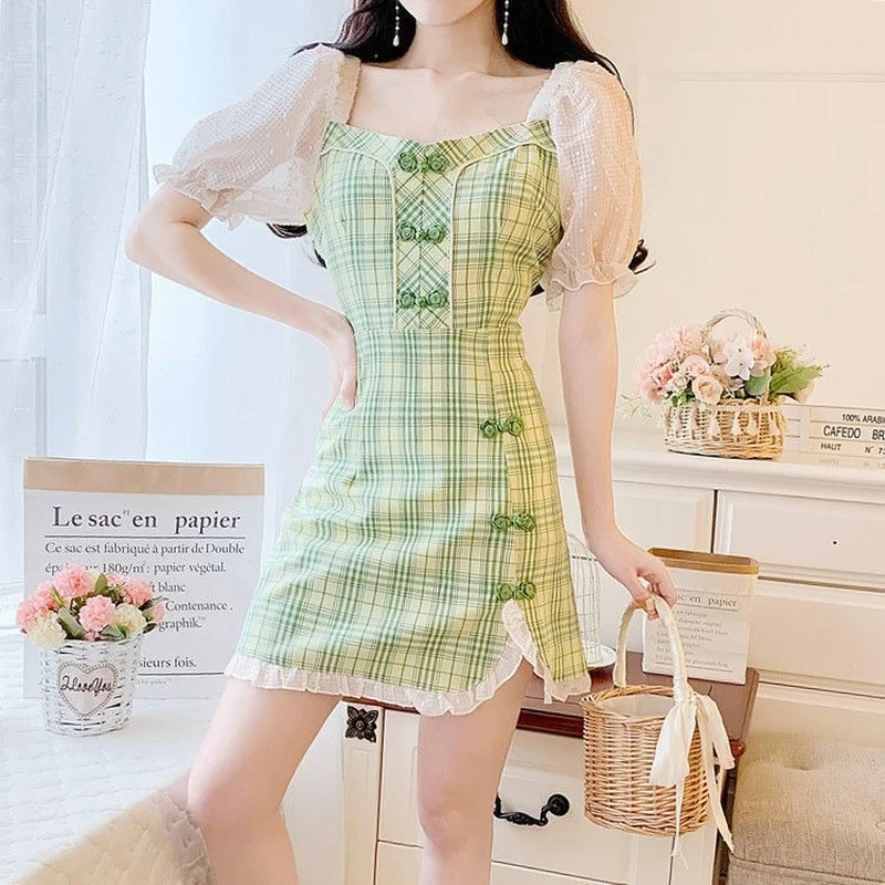 

Sweet Chi-pao Style Plaid Dress Summer Women Square Collar Puff Sleeve Cottagecore Dress Retro Streetwear 2021 New Short Sleeve