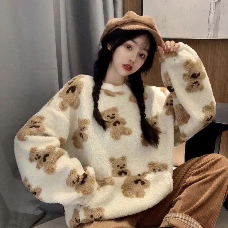 

Long Sleeved Indie Hoodies Female New Student Tide 2023 Korean Thickening Bear Lamb Wool Ins Spring Fall Y2k New Loose Pullover