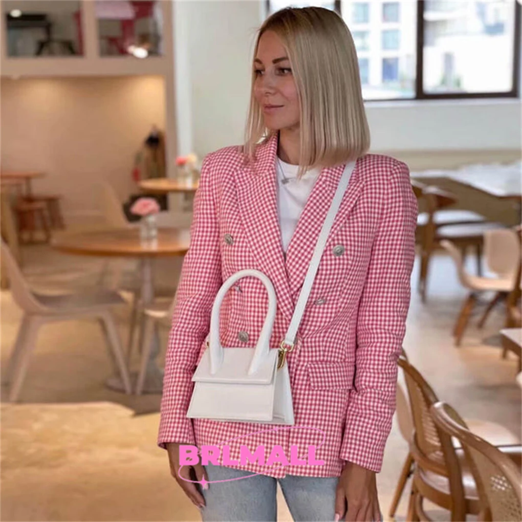 Summer Plaid Women Suit Coat Blazer Double Breasted Casual Outfit Green Pink Business Women Suit Jacket Plus Size High Quality