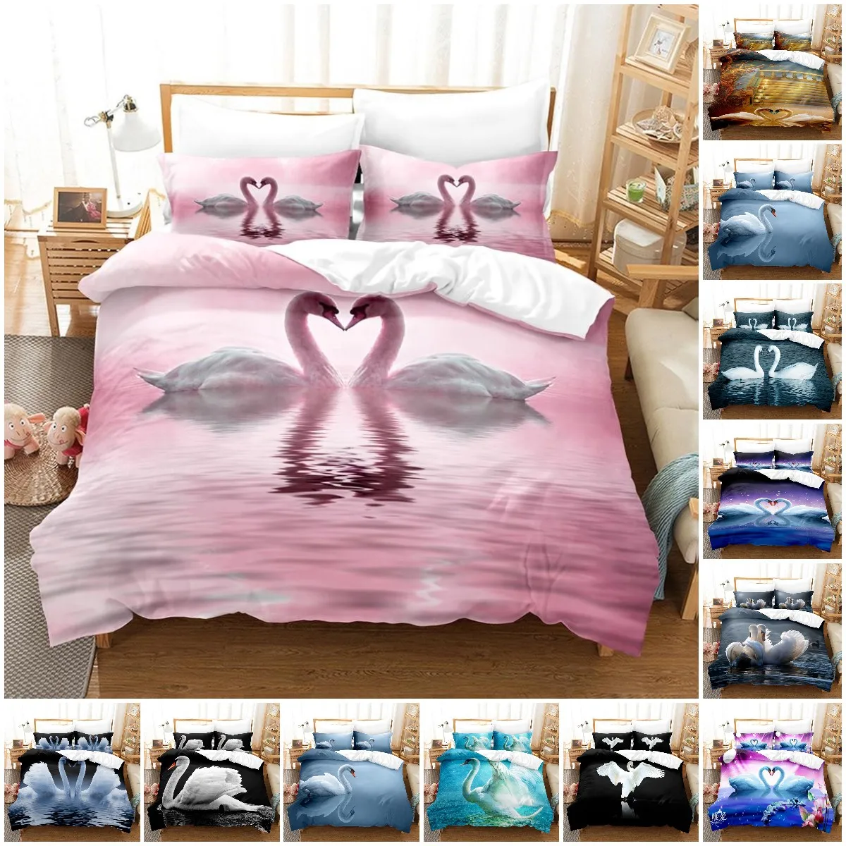 

Swan Duvet Cover Set Twin Swan Bedding Set Queen King Size Birds Romantic Style Quilt Cover Wild Animals for Girls Woman Lady