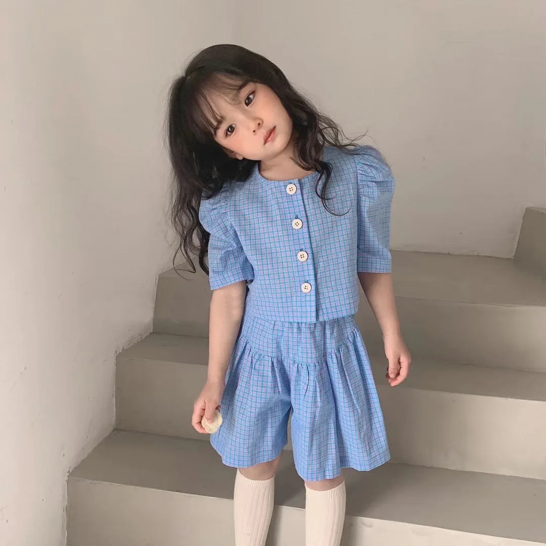 

Kids Girl Fashion Set Half Sleeve New Design Baby Outfits Plaid Shirt and Shorts Children Elegant