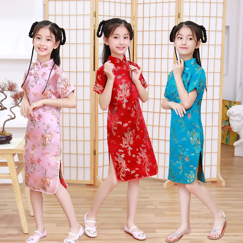 Sweet Girls Cheongsam Dress Summer New Cute Princess Toddler Girl Flower Dresses Kids Party Ball Gown Vintage Chinese Clothing