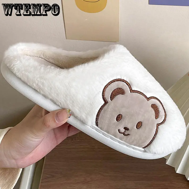 WTEMPO Cute Slippers Cartoon Bear Slides Non-Slip Winter Plush Slippers Couple Cotton Slippers Indoor Warm Shoes Wholesale