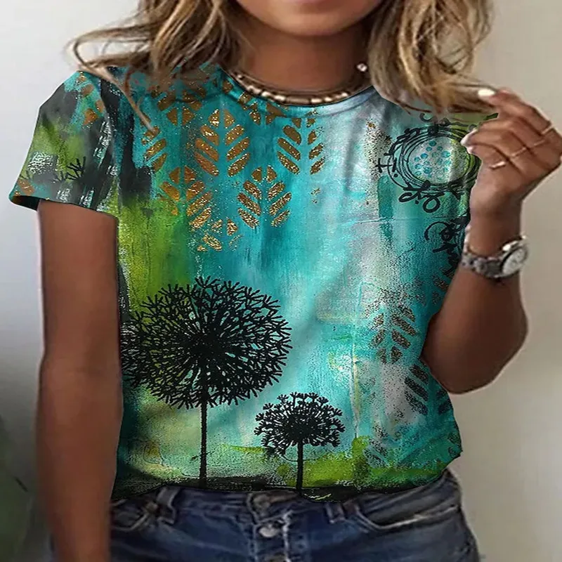 

2022 New Women's T-shirt Fashion 3d Printing Dandelion Theme Vintage Havajuku T-shirt Women Round Neck Floral Top Art Design