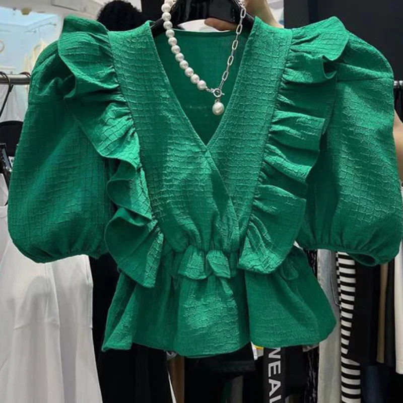 

South Korea's collar ruffled puff sleeve temperament shirt women's 2022 summer waist thin sweet top women t shirt