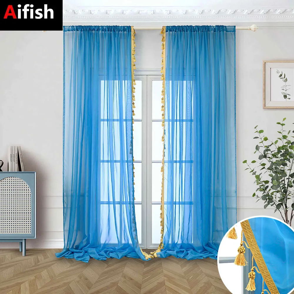 

Blue Tulle with Gold Tassel Lace Sheer Curtain French Romantic Rod Pocket Top Window Drapes for Living Room Bedroom Custom Panel