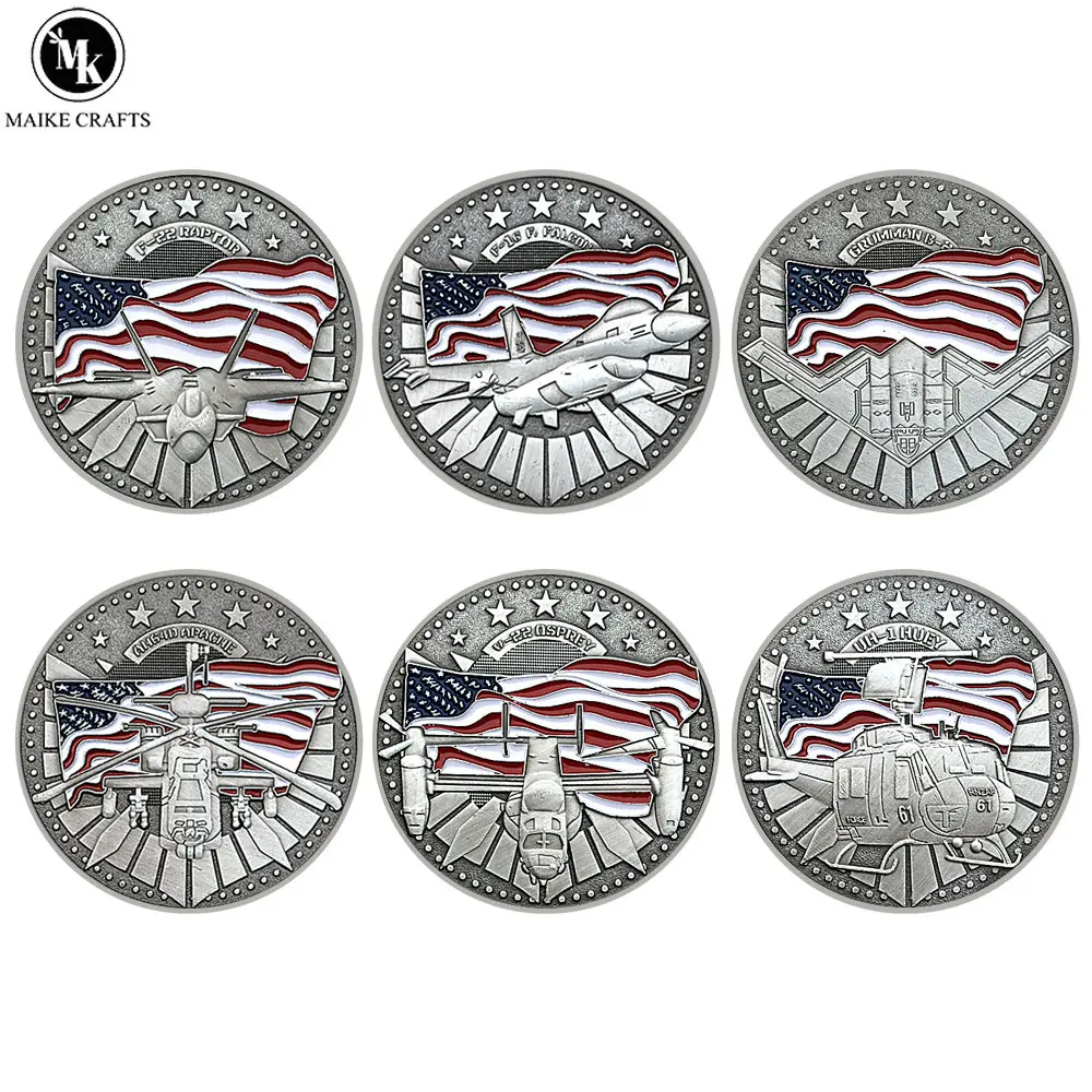 

6 Pc/set US Classic Retro Military Aircraft Challenge Coin F-16 Fighter Boeing Bell V-22 UH-1 Iroquois F-22 Fighter Fighter Coin