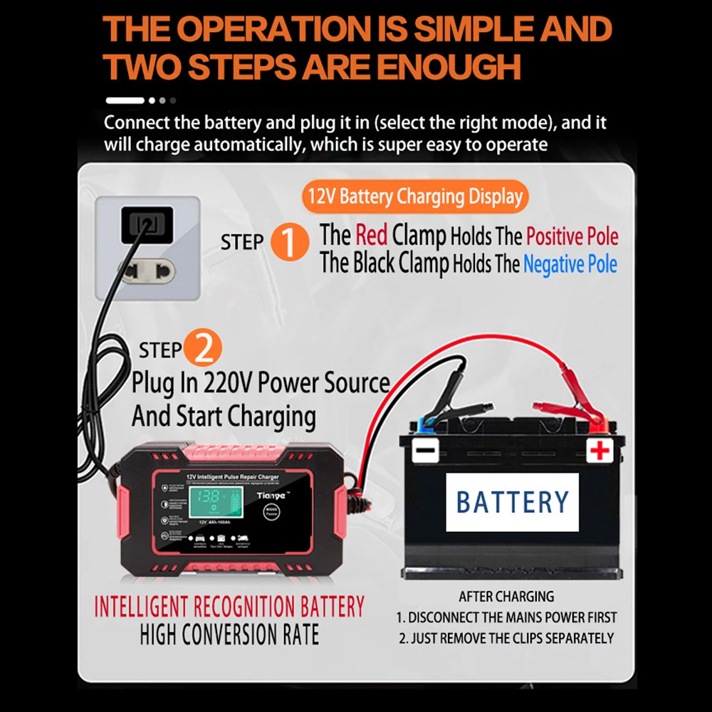 Интеллектуальное зарядное устройство для автомобильных и мотоциклетных аккумуляторных батарей 12V 6A для автомобильных свинцово-кислотных, AGM, гель-аккумуляторов VRLA с умной зарядкой, цифровым ЖК-дисплеем и аксессуарами.
