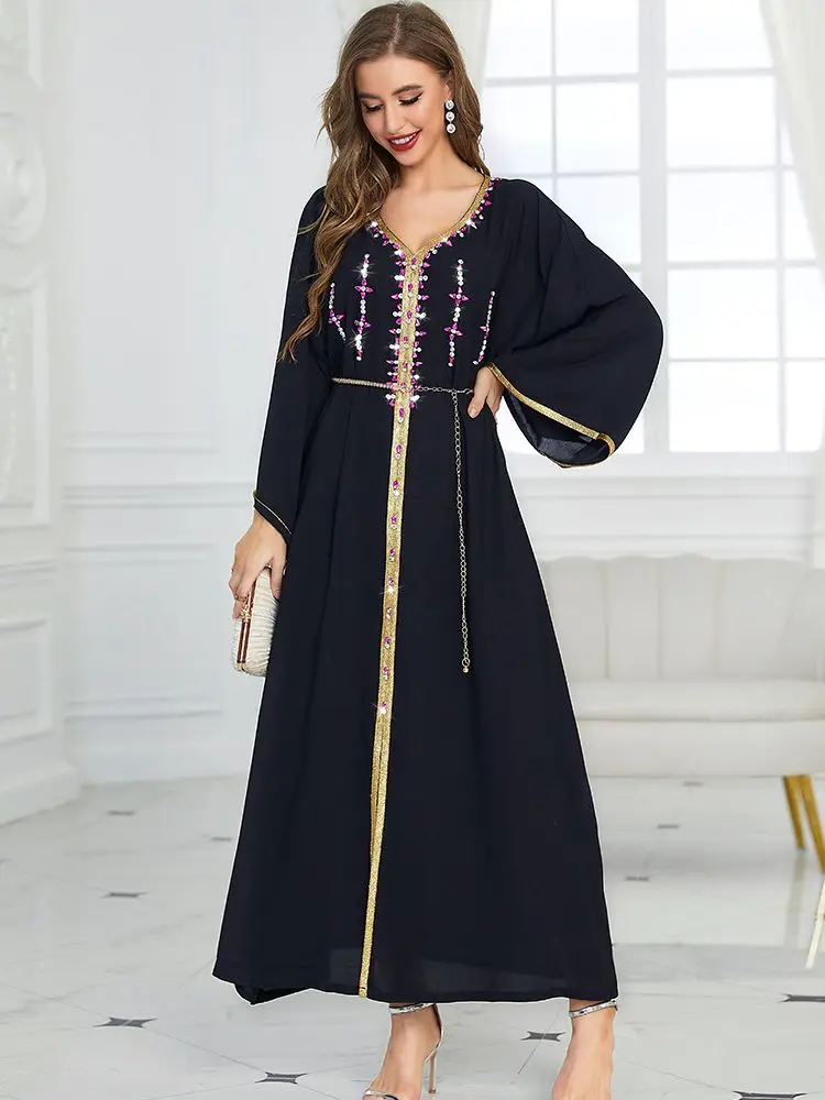 Рамадан, черная Абая, искусственная кожа, арабское мусульманское вечернее платье для женщин, длинное женское платье, Caftan Marocain Vestido