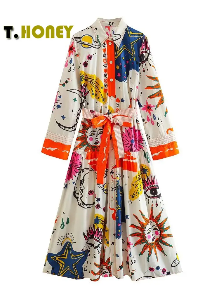 

TELLHONEY Women Vintage Print Single Breasted Bow Belt Midi Dress Office Lady Lapel Collar Long Sleeves Pleat Chic Shirt Dresses