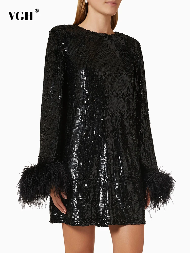 

VGH Solid Patchwork Feathers Elegant Dresses For Women Round Neck Long Sleeve High Waist Spliced Sequins Loose Dress Female