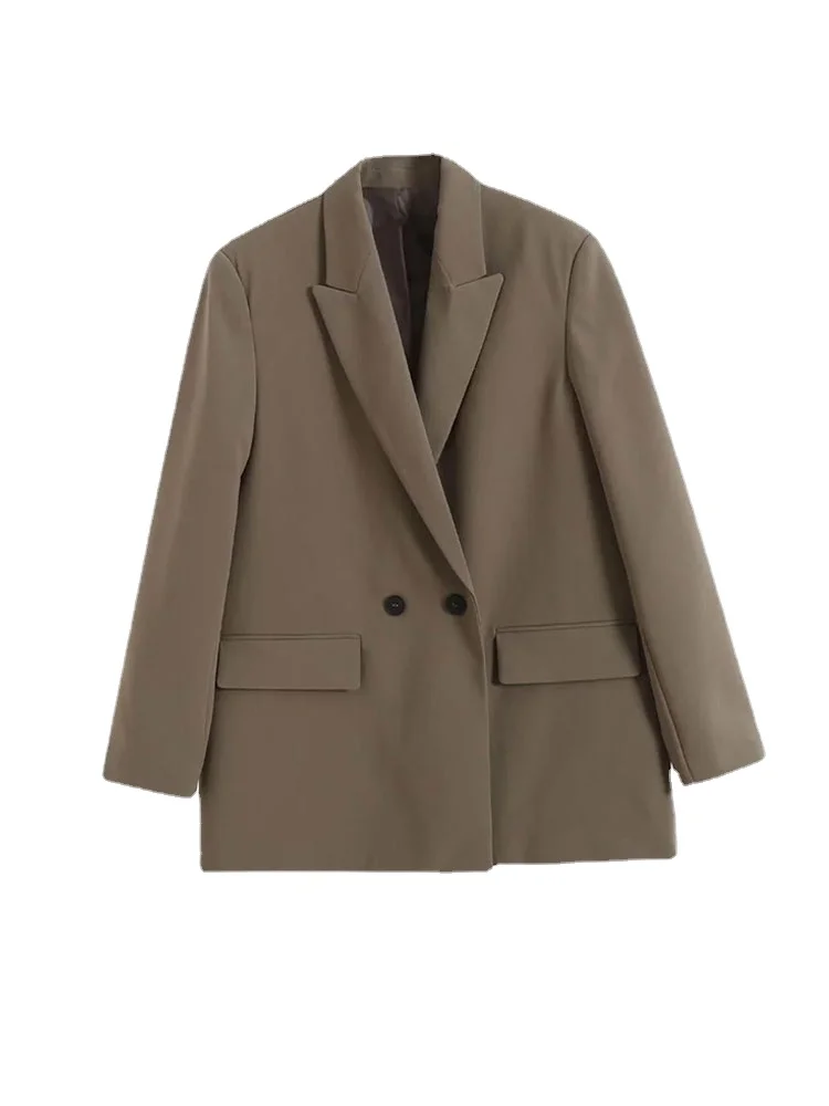 Women Fashion Double Breasted Loose Fitting Blazer Coat Vintage Long Sleeve Pockets Female Outerwear Chic Veste Femme