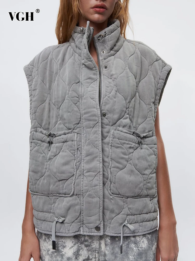 

Женские однотонные парки с карманами VGH, Повседневная Свободная безрукавка с воротником-стойкой и кулиской в стиле пэчворк