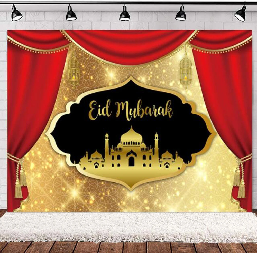 

Photography Backdrop Gold Glitter Eid Mubarak Red Curtain Adult Women Birthday Photo Background Ramadan Kareem Decoration Banner