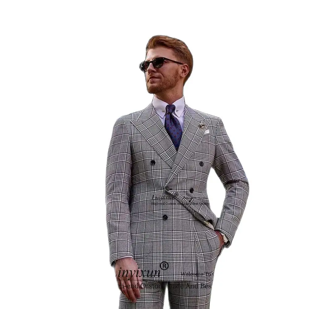 

Классические серые клетчатые мужские костюмы, двубортный деловой Блейзер, облегающий свадебный смокинг для жениха, комплект из 2 предметов, пиджак и брюки, мужской костюм