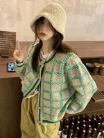 2022 new oversized plaid o neck cardigan loose lazy style knitted sweater top green plaid single breasted women jumper autumn
