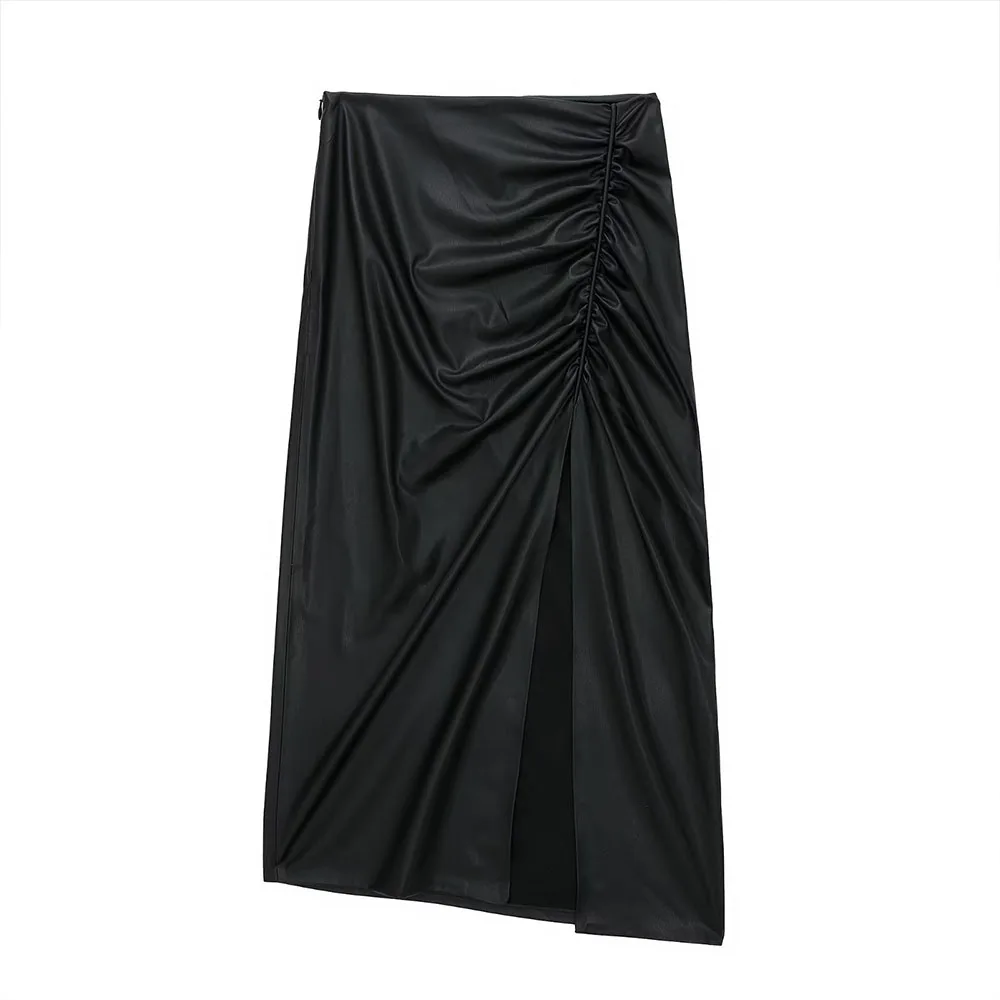 

BER&OYS&ZA Autumn/Winter 2022 new women's fashion black high-waisted versatile pleated embellished front slit faux leather skirt
