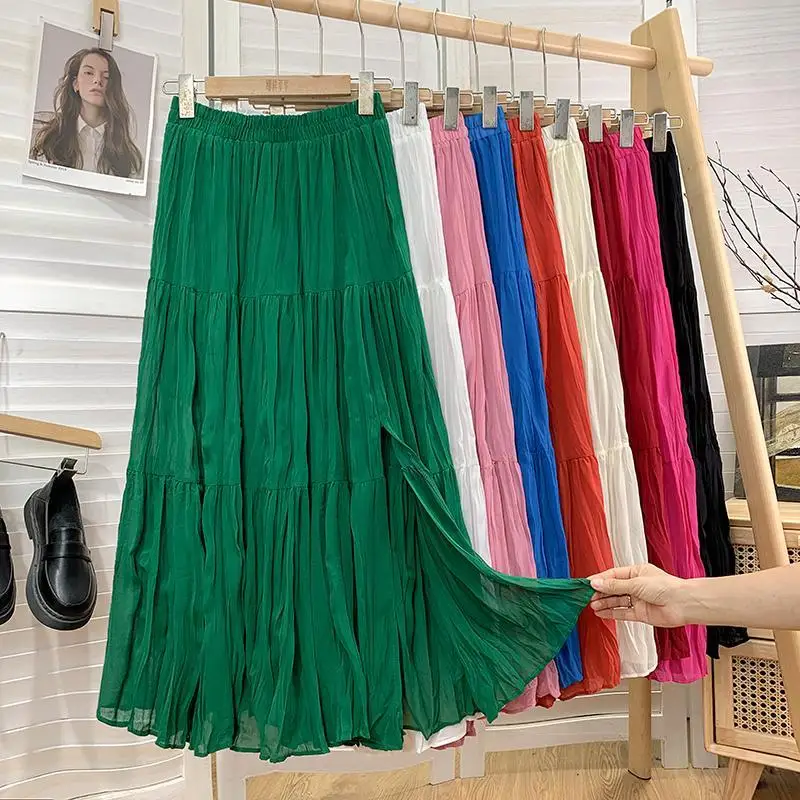 

Pleated Chiffon Women Sweet Skirt Spring Summer 2022 New Korean Style High Waist Thin Split Temperament A-line Midi Skirts
