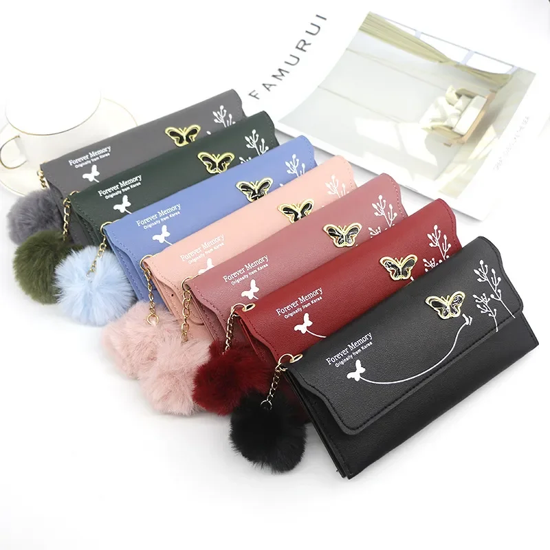 New Women Long Wallets Pure Color Wool Ball Bow Clutch Bag Women's Long Bag Card Bag Coin Purse 2022