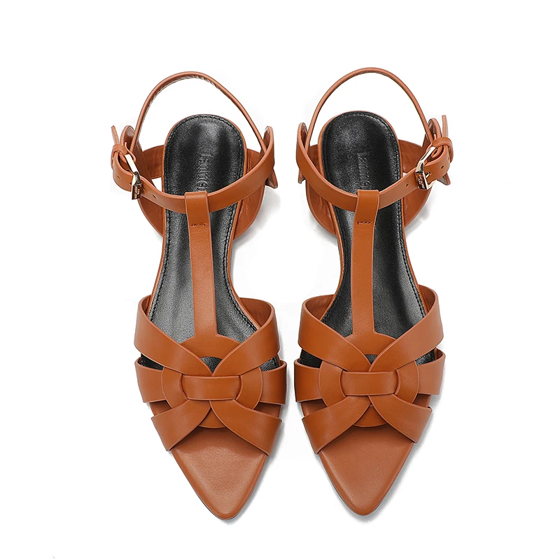 2023 Summer New Women's Flat Bottom Pointed Cowhide Open Toe Sandals Fashion Casual Slippers Party Luxury Women's Flat Shoes