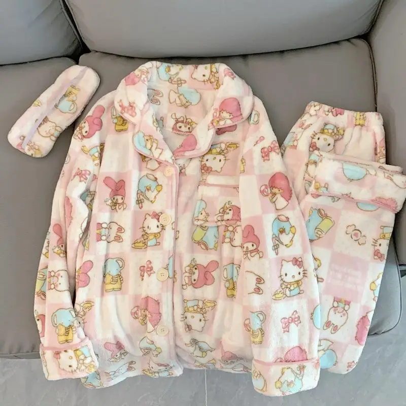 

New Kawaii Cute Sanrio Hellokitty Mymelody Littletwinstars Pajamas Set Winter Thickening Lapel Coral Velvet Anime Toys For Girls