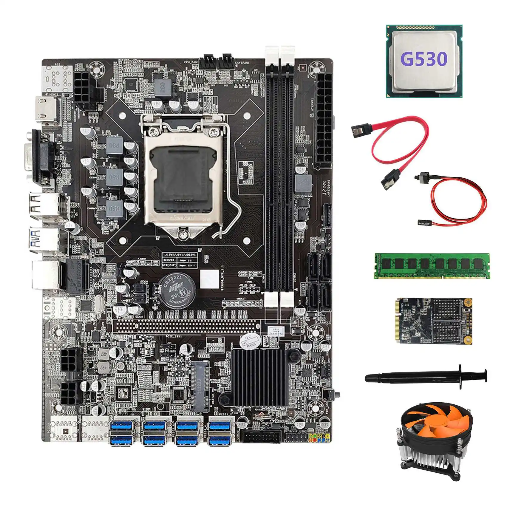 

B75 BTC Mining Motherboard 8XUSB3.0+G530 CPU+DDR3 4GB RAM+128G SSD+Fan+SATA Cable+Switch Cable+Thermal Grease