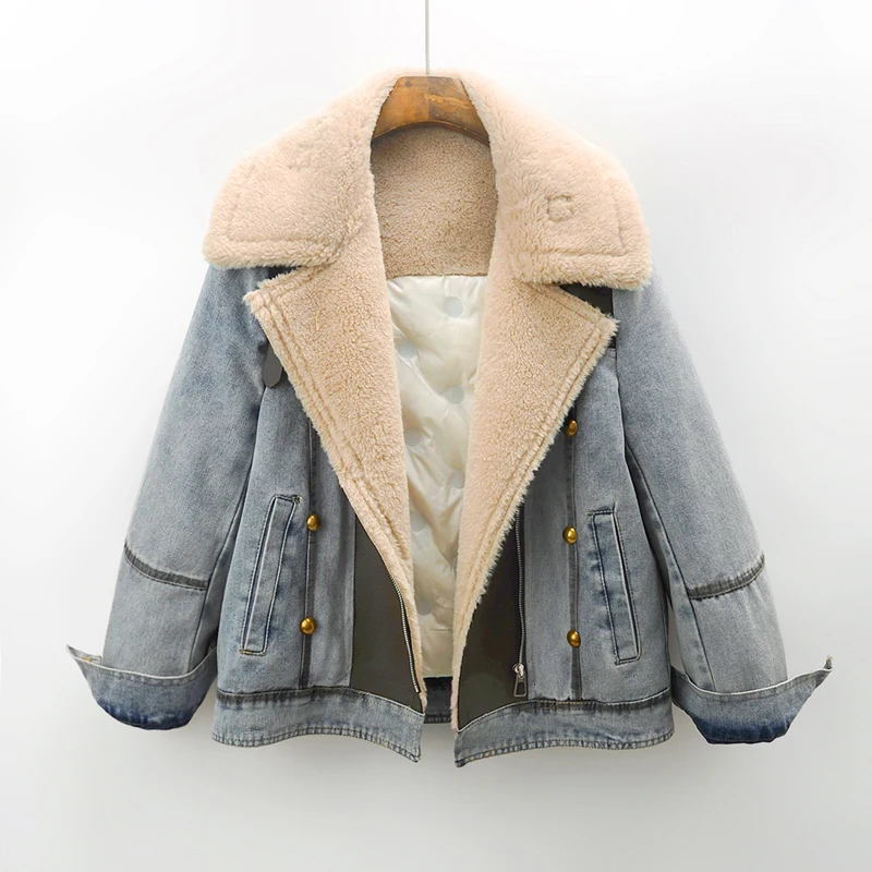 Зимняя толстая джинсовая куртка на пуху из овечьей шерсти с хлопковой подкладкой