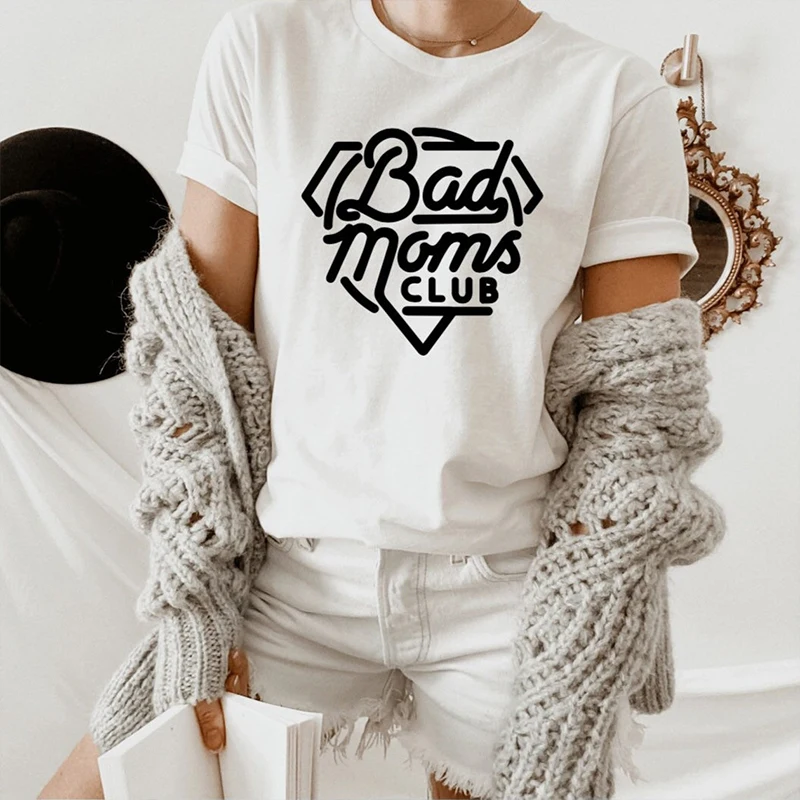 

Bad Moms Club Funny Letter Printing Woman T Shirts Summer Fahsion Size Streetwear O Neck Tshirt Causal Harajuku T-shirt Top