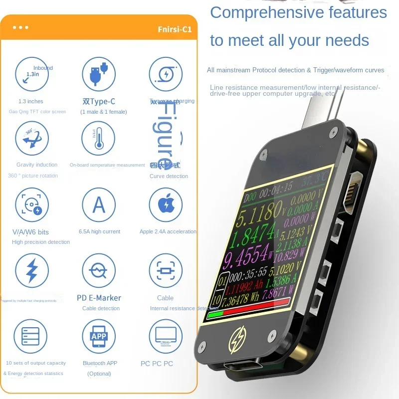 USB-тестер FNIRSI-C1 вольтметр-Амперметр Type-c PD/QC с поддержкой быстрой зарядки