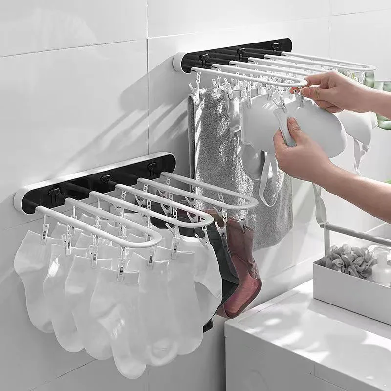 

Foldable 24 Clip Socks Underwear Rack Drying Bra Panties Bathroom Towel Holder Wall Mounted Shower Bars Clothes Organizer