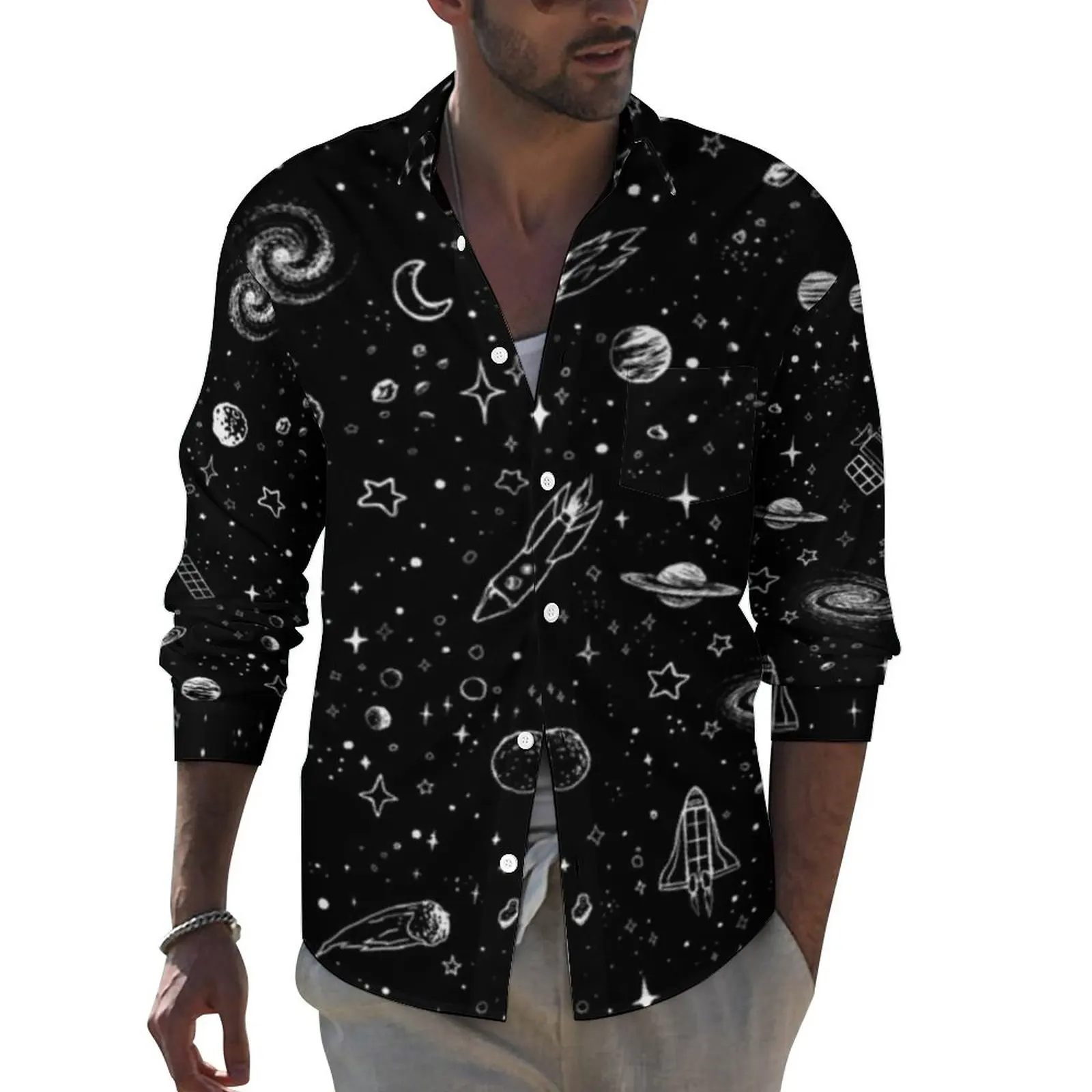 

Рубашка мужская с длинным рукавом, Повседневная Блузка в стиле ретро, лунная звезда, космос, Вселенная Галактика, дизайнерская одежда, большие размеры 3XL 4XL, осень