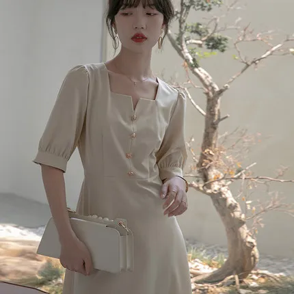 

Женское приталенное платье в стиле ретро, французское приталенное платье с квадратным вырезом и длинной юбкой, комфортное летнее платье