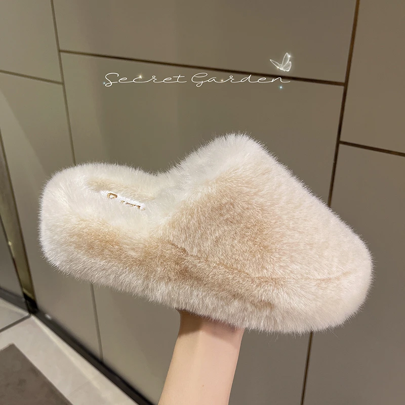 

Шлепанцы женские из флока, меховые сандалии на платформе, массажная плоская плюшевая ткань, ПУ резина, 2022