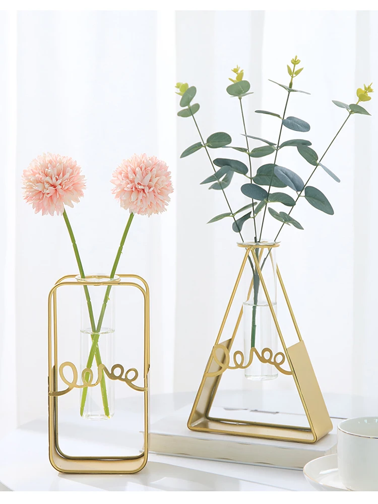 

Geometric Golden Glass Vase Nordic Simple Hollow Hydroponic Plant Flower Holder Test Tube Metal Planter Container Home Decor