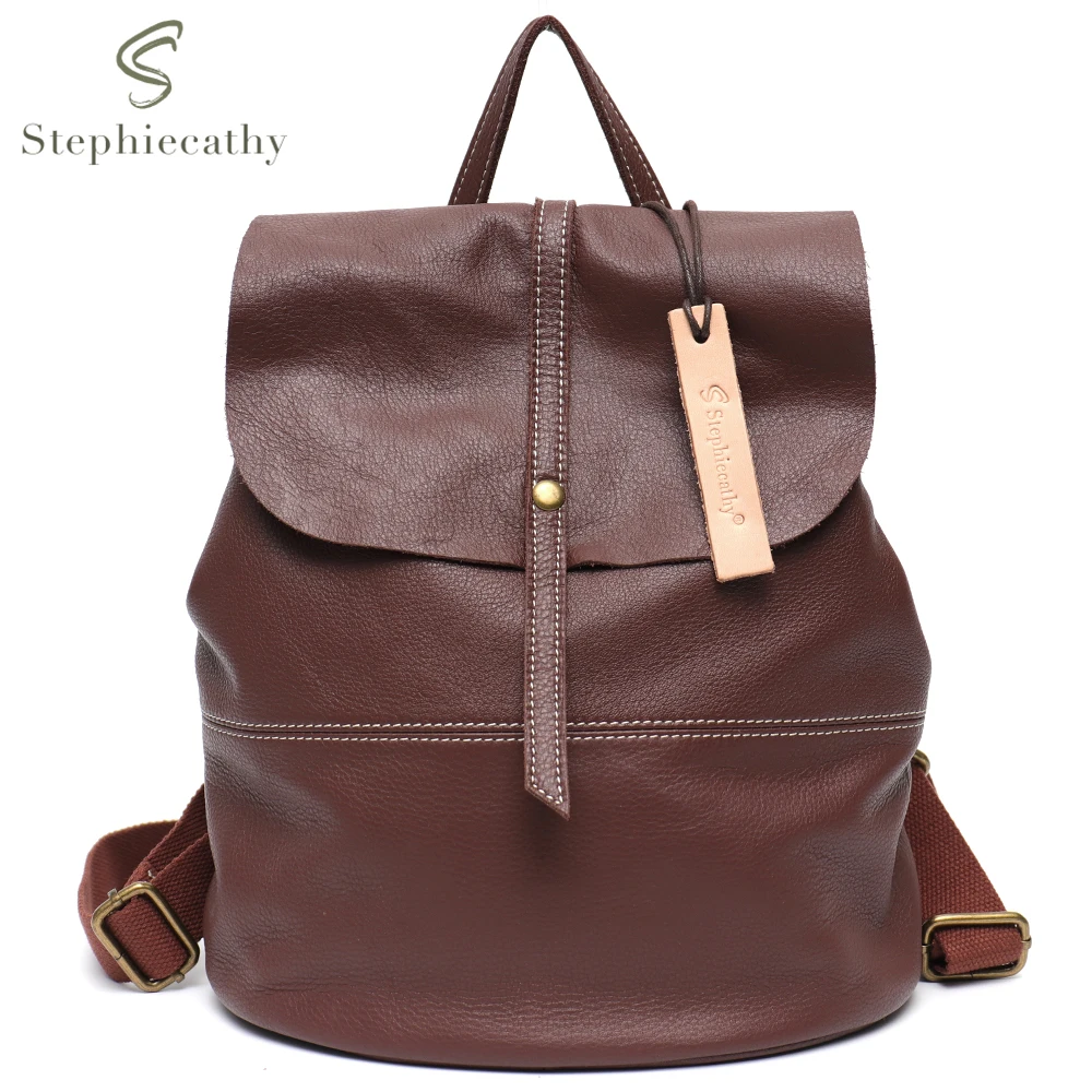 SC Genuine Leather Large Capacity Backpack Women Vintage Casual Style Flap Shoulder Bag Retro Cowhide School Knapsack Daily Trip