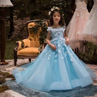 sky blue flower girl dresses for wedding princess 3d flowers crystal beaded first communion formal evening birthday party gowns