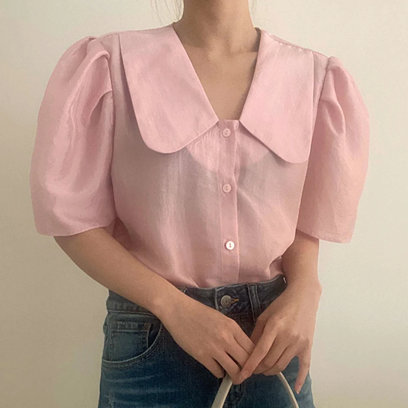 

J GIRLS Women Shirt 2021Korea Summer Gentle Elegant Apricot Doll Collar Single-breasted Loose Versatile Short Sleeve Blouse Top