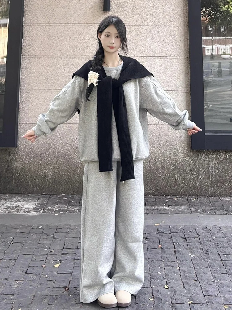 Casual Loose Sweatshirt Set Women Autumn and Winter Girls Age-Reducing Fleece-lined round Neck Hoodie Wide Leg Pants Running ...