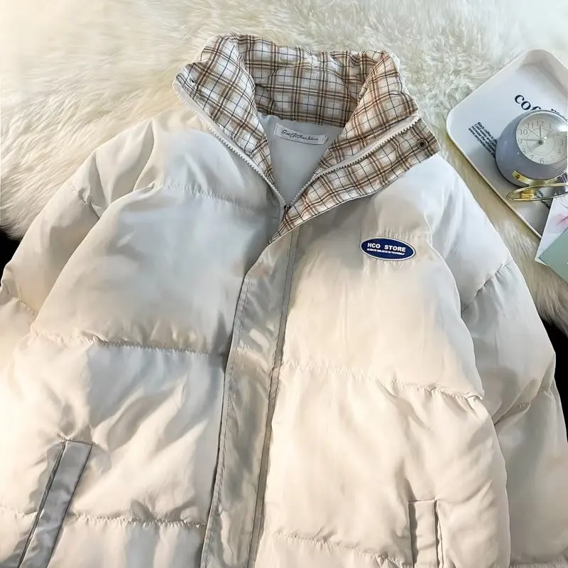 Oversize Parka Coat Winter Warm Patchwork Plaid Jacket Stand Collar Long Sleeve Thick Fashion Street Retro Jacket Women 2022