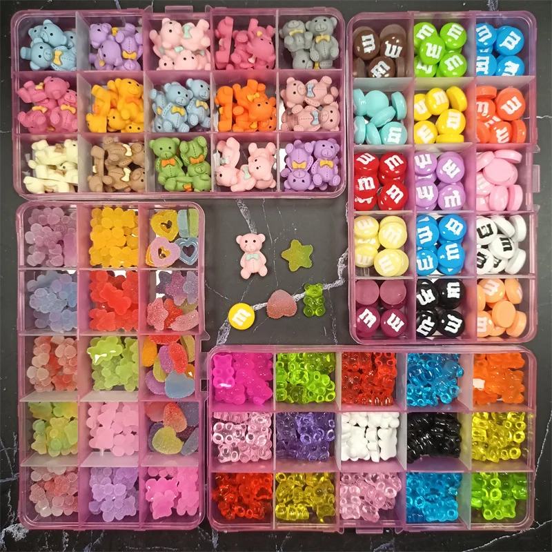 1Box Kawaii Cute Little Bear Nail Decorations Glitter Resin Nail Charms 3D Jellly Gummy Candy/Star/Heart DIY Manicure Accessory